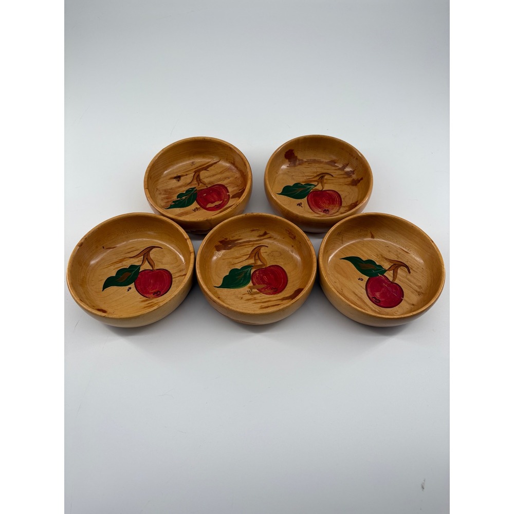 Vintage Hand Painted Wooden Bowls Set of 5 Red Apple Artisan Americana 5 Inch